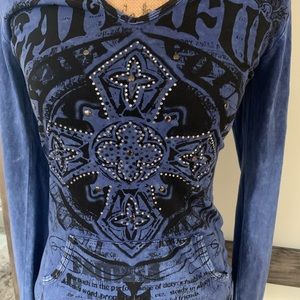 JL brand studded  “Faithful “ graphic ultra-soft hoodie t-shirt in royal blue
